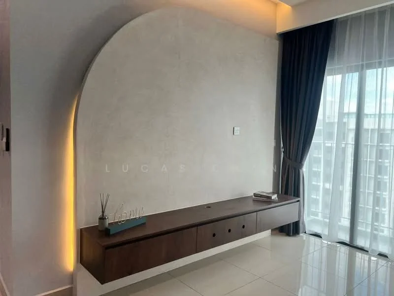 Living features: smooth plastered wall, wooden TV console with drawers, recessed lighting, floor-to-ceiling windows, sheer curtains, dark blue curtain, glossy tile flooring, ambient lighting on wall; style: modern; view: city.