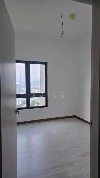 Room features: white painted walls, laminate flooring, floor-to-ceiling window, city view, light fixture wiring visible, no visible furniture; view: city.