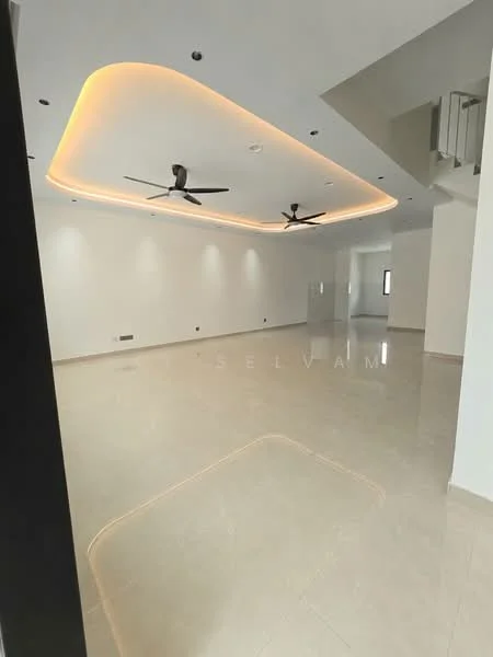Room features: white painted walls, polished tile flooring, tray ceiling with LED strip lighting, 2 ceiling fans, recessed downlights, open layout, large windows, neutral color scheme; style: modern.