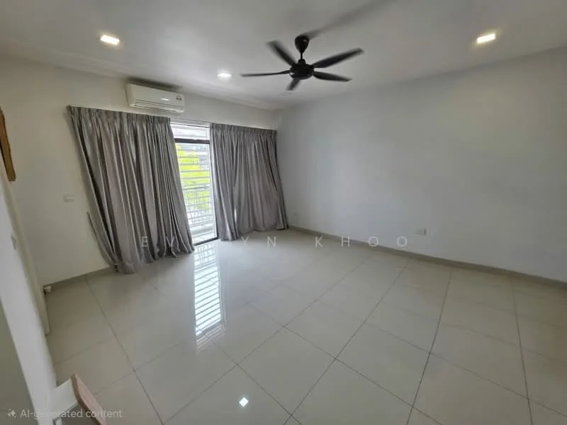 Living features: white painted walls, glossy ceramic tile flooring, 5-blade ceiling fan with light, floor-to-ceiling windows, sliding glass door, sheer curtains, air conditioning unit, recessed LED downlights; style: modern.