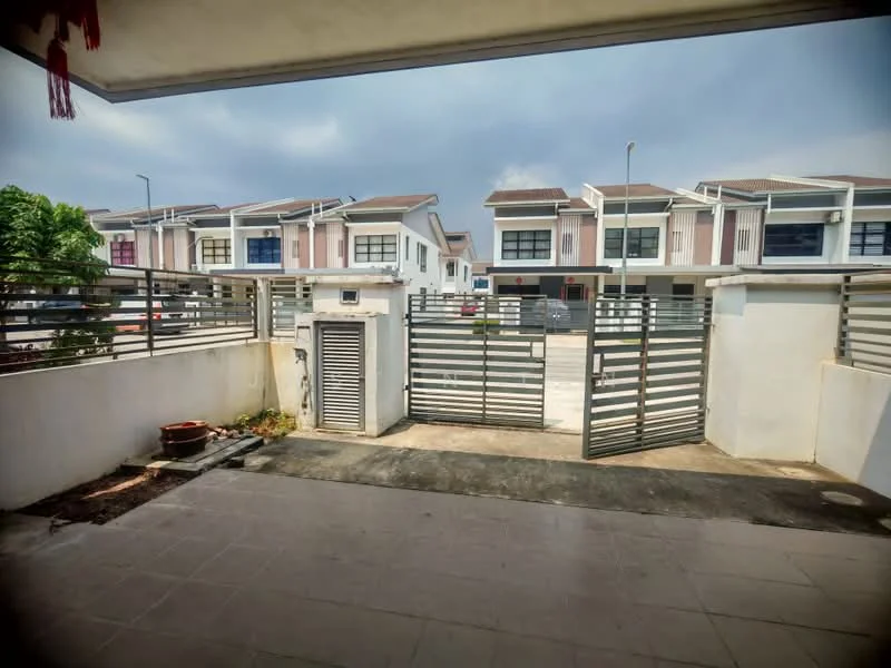 Exterior type: linked terrace house; features: metal gate, concrete driveway, paved walkway, manicured garden area, surrounding residential units, two-storey houses in background, grey tiled flooring, fence with horizontal slats; style: modern.