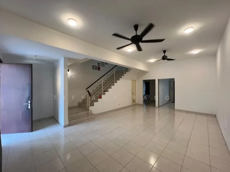 Living features: white painted walls, glossy ceramic tile flooring, 2 ceiling fans, recessed downlights, staircase with metal railing, open layout, large windows, doorway leading to another room; style: modern.