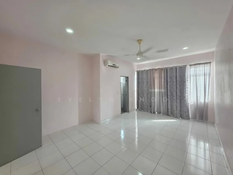 Room features: light pink painted walls, white tiled flooring, ceiling fan, 1 wall-mounted split AC, floor-to-ceiling windows with sheer curtains, grey curtains, door to adjacent room, recessed lighting; style: modern.
