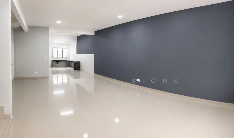 Room features: grey accent wall, white painted walls, glossy tile flooring, large windows, open layout, recessed lighting, corner kitchen area, neutral color scheme; style: modern.