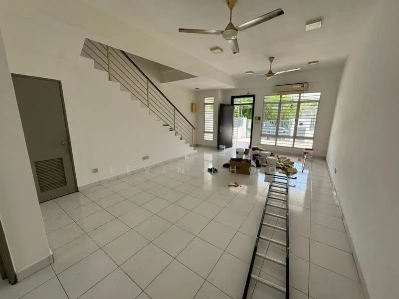 Living features: white painted walls, white tiled flooring, ceiling fan with light, large windows with natural light, sliding glass door, staircase with metal railing, open layout, light fixtures on ceiling, decorative wall panel, visible furniture items, uncluttered space; style: modern.