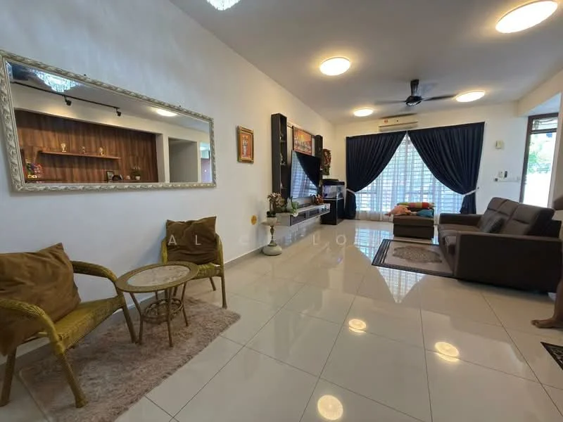 Living features: white painted walls, glossy tile flooring, 5-blade ceiling fan with light, large window with sheer curtains, dark blue curtains, brown L-shape sectional sofa, two gold accent chairs, round coffee table, decorative wall mirror, area rug with geometric pattern, TV console, wall-mounted TV; style: modern.