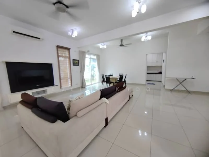 Living features: cream painted walls, polished ceramic tile flooring, 5-blade ceiling fan with light, wall-mounted TV, sofa with cushions, coffee table, dining table with chairs, curtains, floor-to-ceiling windows, sliding glass door, natural light from windows; style: modern; view: garden.