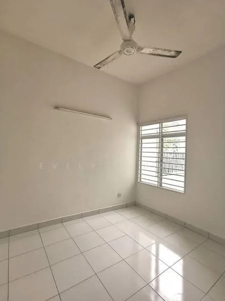 Room features: white painted walls, white ceiling, 5-blade ceiling fan, floor-to-ceiling windows, white tiled flooring, light fixture on wall, window with horizontal slats, no visible furniture; style: minimalist.
