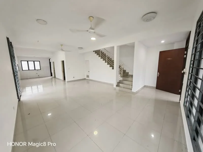 Room features: white painted walls, polished ceramic tile flooring, ceiling fan, staircase with railing, large windows, main entrance door, open layout, natural light; style: modern.