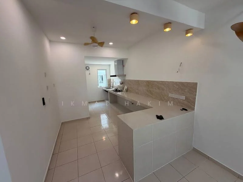Kitchen features: white painted walls, tile flooring, ceiling fan, recessed downlights, kitchen island, stainless-steel sink, chrome pull-down faucet, built-in oven, stove, cabinets with flat-panel design, countertop with stone finish, open layout; style: modern.