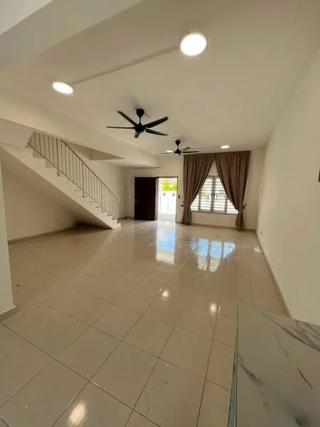 Living features: white painted walls, glossy ceramic tile flooring, 5-blade ceiling fan with light, 2 ceiling fans, large window with sheer curtains, curtains in beige, staircase with metal railing, door leading outside; style: modern.