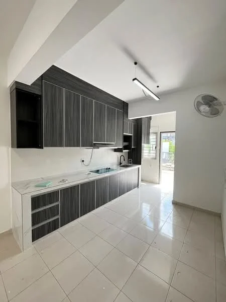 Kitchen features: black cabinetry with wood grain finish, white quartz countertop, single-bowl stainless-steel sink, chrome pull-down faucet, built-in oven, freestanding range oven, ceramic tile flooring, recessed LED downlights, wall-mounted split AC, floor-to-ceiling windows, sliding glass door, open shelving, kitchen island, pantry cabinet; style: modern; view: garden.