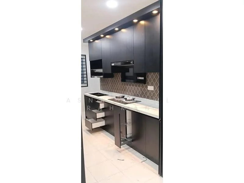 Kitchen features: black cabinetry, white countertop, stainless-steel range hood, built-in oven, 4-burner gas hob, tile backsplash with geometric pattern, drawer storage, under-cabinet lighting, ceramic tile flooring, recessed downlights; style: modern.