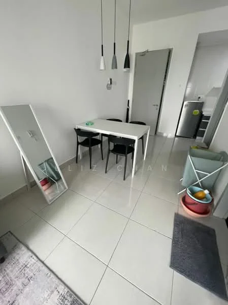 Dining features: white dining table, 2 black dining chairs, pendant lighting with three bulbs, large mirror, grey area rug, ceramic tile flooring, white walls, doorway to kitchen, storage basket, colorful bowls in basket; style: modern.