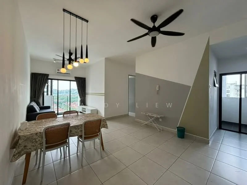 Living features: 5-blade ceiling fan with light, sofa in black, dining table with floral tablecloth, 4 dining chairs, tile flooring, white painted walls, grey accent wall, floor-to-ceiling windows, curtains, sliding glass door, view of city skyline; style: modern; view: city.