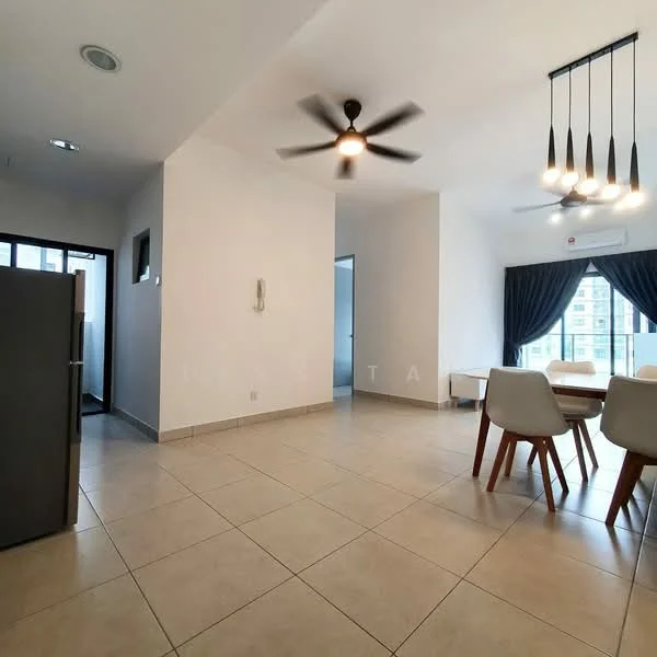 Living features: 5-blade ceiling fan with light, dining table with four chairs, grey curtains, tile flooring, white painted walls, recessed lighting, sliding glass door, window with city view, fridge, wall-mounted intercom, open layout; style: modern; view: city. Room features: tile flooring, white painted walls, doorway leading to another room.