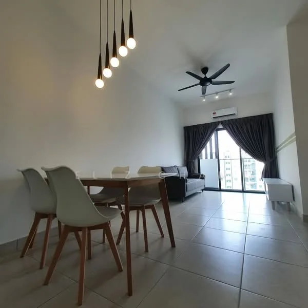 Living features: 5-blade ceiling fan with light, dining table with 4 chairs, sofa in dark grey, floor-to-ceiling windows, sliding glass door, curtains in dark grey, light grey tiled flooring, white painted walls, air conditioning unit on wall; style: modern; view: city.