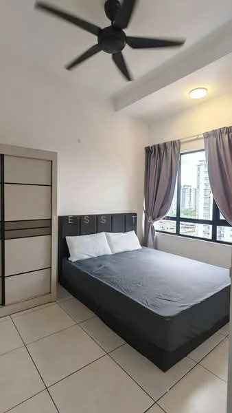 Bedroom features: queen-size bed with grey bedding, upholstered headboard, floor-to-ceiling window, grey curtains, ceiling fan with 5 blades, built-in wardrobe with sliding doors, white tiled flooring, light fixture on ceiling; style: modern; view: city.