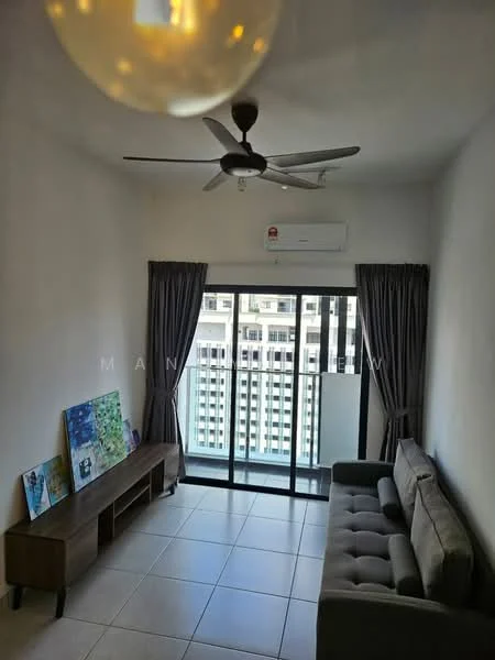 Living features: 3-seater fabric sofa in grey, wooden TV console, floor-to-ceiling windows, sliding glass door, grey curtains, ceiling fan, wall-mounted split AC, tile flooring, decorative artwork on wall; style: modern; view: city.