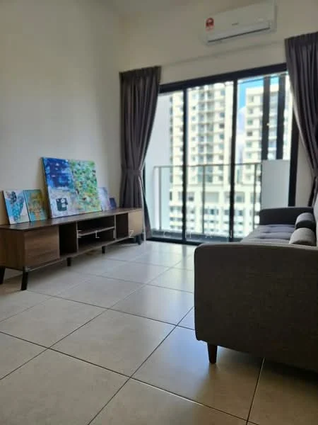 Living features: grey fabric sofa, wooden TV console, framed artwork on wall, floor-to-ceiling windows, curtains, air conditioning unit, tile flooring, balcony access; style: modern; view: city.