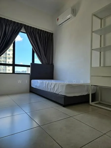 Bedroom features: single bed frame without mattress, grey upholstered headboard, floor-to-ceiling window, blackout curtains, wall-mounted split AC, light-colored walls, tile flooring, built-in shelving unit; style: modern; view: city.