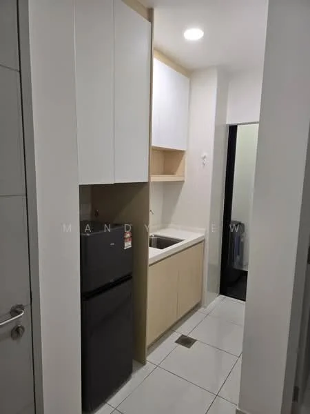 Kitchen features: single-bowl stainless-steel sink, chrome pull-down faucet, white upper cabinets, beige lower cabinets, black refrigerator, white tiled backsplash, white tiled flooring, recessed ceiling lights, open shelving above sink, countertop with storage below; style: modern.