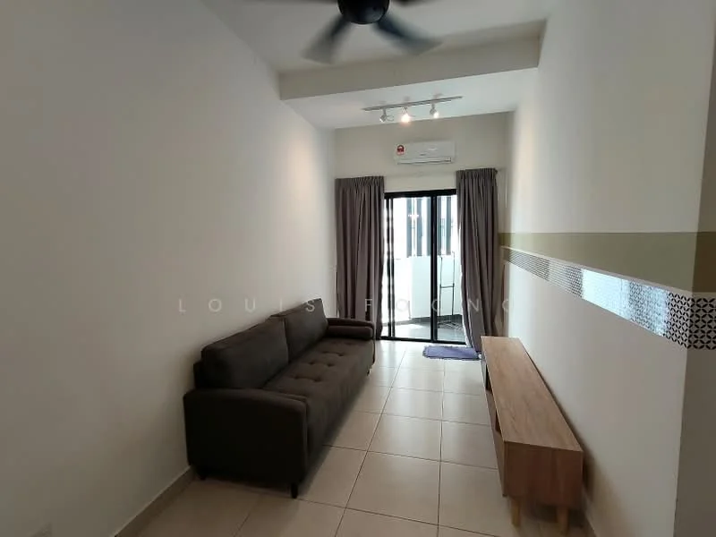 Living features: 3-seater fabric sofa in dark grey, wall-mounted TV console in light wood, floor-to-ceiling sliding glass door, curtains in grey, recessed downlights, wall-mounted split AC, cream painted walls, tile flooring, ceiling fan with light; style: modern.