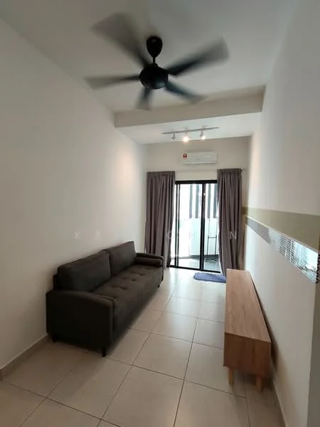 Living features: 3-seater fabric sofa in grey, ceiling fan, recessed LED downlights, floor-to-ceiling sliding glass door, sheer curtains, tile flooring, wall-mounted TV console, wooden sideboard, air conditioning unit; style: modern.