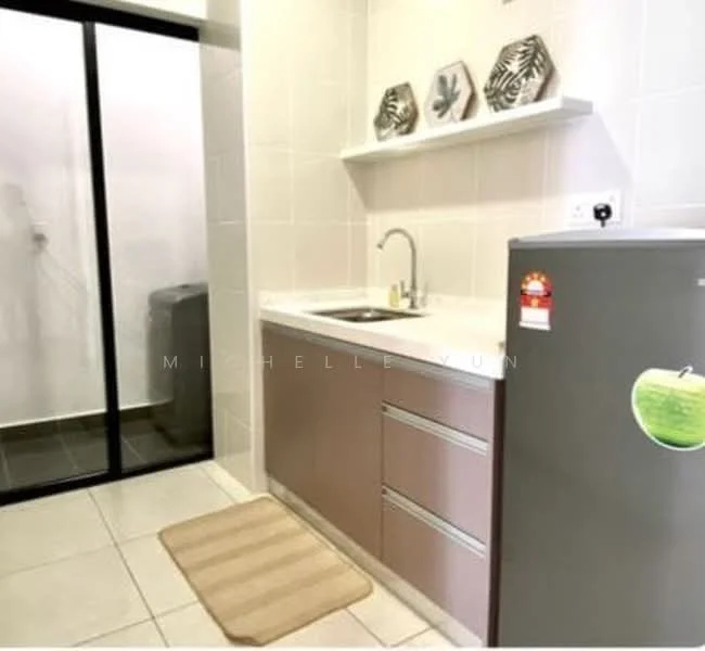 Kitchen features: single-bowl stainless-steel sink, chrome pull-down faucet, white laminate countertop, pink cabinetry with three drawers, fridge, grey floor tiles, white tiled walls, decorative wall shelves with plants; style: modern.