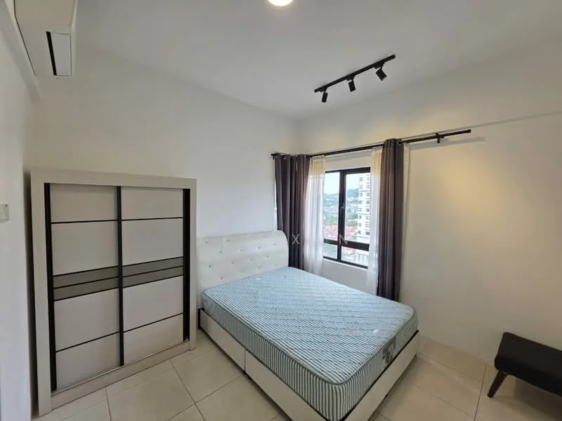 Bedroom features: queen-size bed, upholstered headboard, built-in wardrobe with sliding doors, floor-to-ceiling window, grey curtains, track lighting, air conditioning unit, tile flooring; style: modern; view: city.