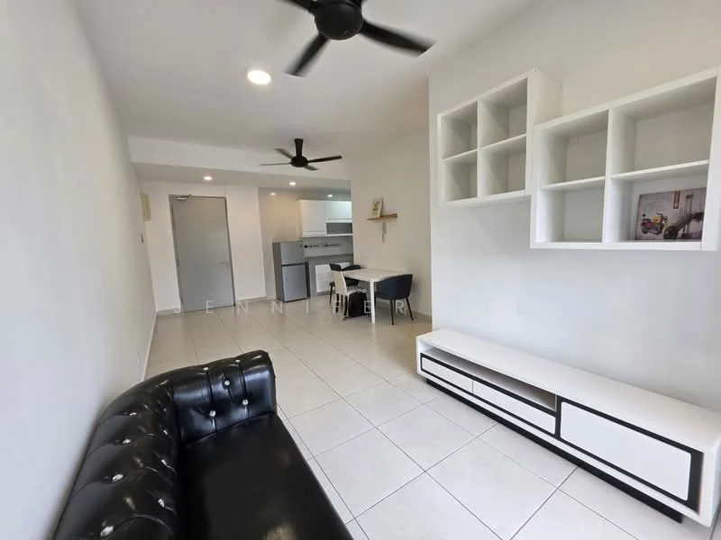 Living features: black leather sofa, white TV console, wall-mounted shelving unit, ceiling fan, white tiled flooring, neutral painted walls, open layout, natural light from windows; style: modern. Kitchen features: grey cabinetry, stainless-steel appliances, open-plan layout, countertop space; style: modern.