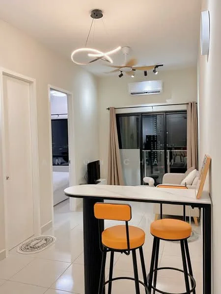 Room features: white painted walls, glossy tile flooring, 5-blade ceiling fan with integrated LED light, recessed downlights, sliding glass door, floor-to-ceiling windows, curtains, bar counter with two stools, wall-mounted TV, air conditioning unit; style: modern.