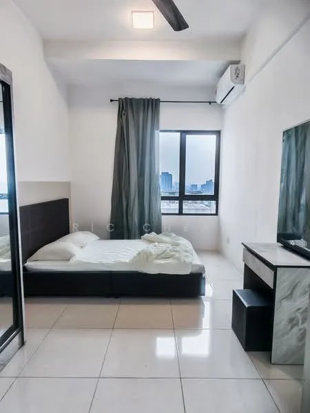 Bedroom features: queen-size bed, white bedding, floor-to-ceiling window, grey curtains, wall-mounted air conditioning unit, mirror wardrobe, TV console, marble top TV stand, white tiled flooring, recessed ceiling light, black accent wall behind bed; style: modern; view: city.