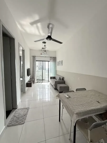 Living features: grey fabric sofa, ceiling fan, wall-mounted TV, light-colored walls, white tiled flooring, large sliding glass door, curtains, dining table with chairs, decorative light fixture; style: modern; view: city.