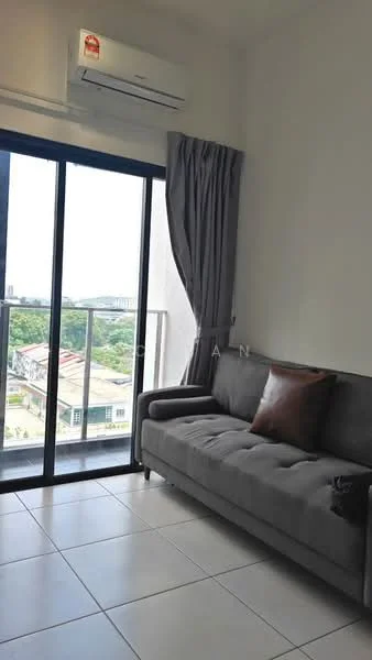 Living features: grey fabric sofa, floor-to-ceiling windows, sliding glass door, curtains, wall-mounted split AC, tile flooring, decorative cushion, city view; style: modern; view: city.