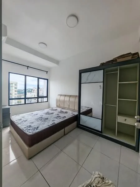 Bedroom features: queen-size bed with upholstered headboard, floor-to-ceiling windows, white painted walls, tile flooring, built-in wardrobe with sliding mirror doors, decorative shelving above wardrobe, curtains on window, light fixtures on ceiling; style: modern; view: city.