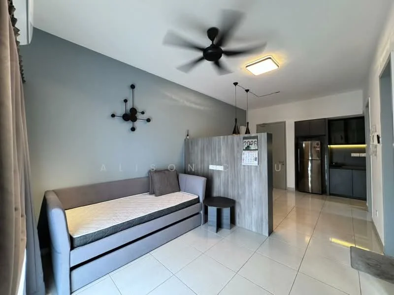 Living features: grey accent wall, white painted walls, ceramic tile flooring, 5-blade ceiling fan with light, sofa with grey upholstery, round side table, kitchenette with dark cabinetry, stainless-steel fridge, recessed ceiling lights, open layout; style: modern.