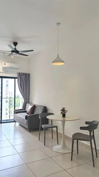 Living features: 3-seater fabric sofa in grey, round dining table, 2 dining chairs, pendant light, 5-blade ceiling fan, floor-to-ceiling windows, curtains, tile flooring, decorative plant; style: modern; view: city.