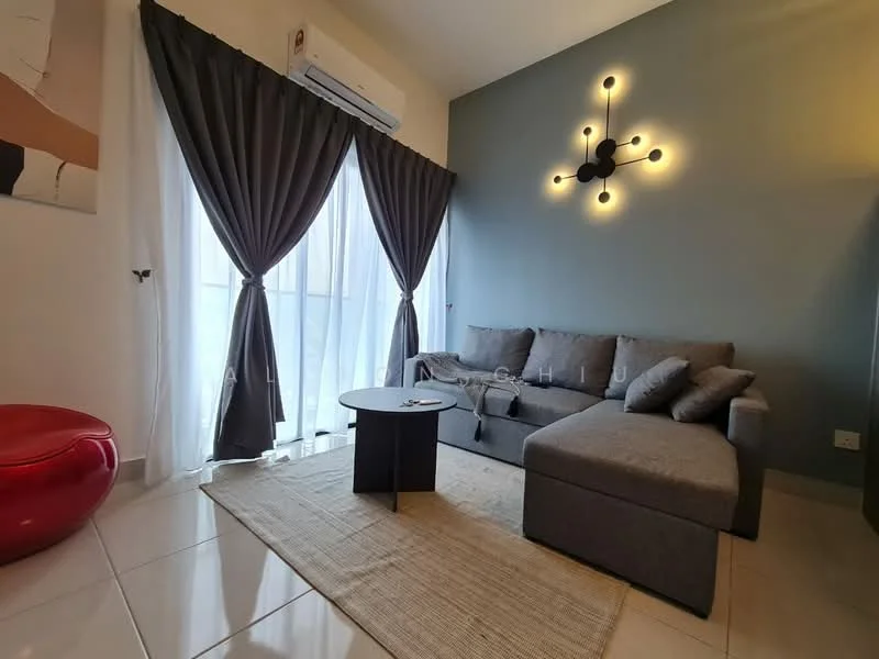 Living features: grey fabric sectional sofa, black coffee table, beige area rug, floor-to-ceiling windows, sheer white curtains, dark grey accent wall, recessed downlights, 1 wall-mounted split AC; style: modern.