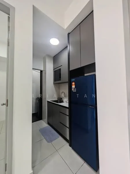 Kitchen features: grey cabinetry, black countertop, stainless-steel sink, built-in microwave, stainless-steel fridge, ceramic tile flooring, recessed ceiling light, wall-mounted cabinet, open shelving, kitchen towel rack; style: modern.