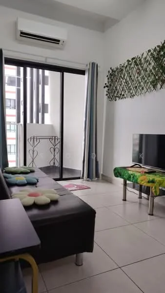 Living features: black leather sofa, decorative cushions in flower shape, TV console, wall-mounted TV, floor-to-ceiling sliding glass door, curtains in light blue, air conditioning unit, tile flooring, decorative wall with greenery, coffee table with floral design; style: modern; view: city.