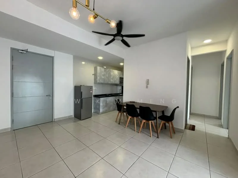 Living features: grey tiled flooring, white painted walls, 5-blade ceiling fan with light, dining table with four black chairs, refrigerator, kitchen counter with backsplash, open kitchen layout, wall-mounted intercom, door leading to hallway, door leading to kitchen; style: modern. Kitchen features: grey cabinetry, stainless-steel sink, built-in oven, cooktop, marble countertop, tile backsplash; style: modern. Room features: door leading to hallway.