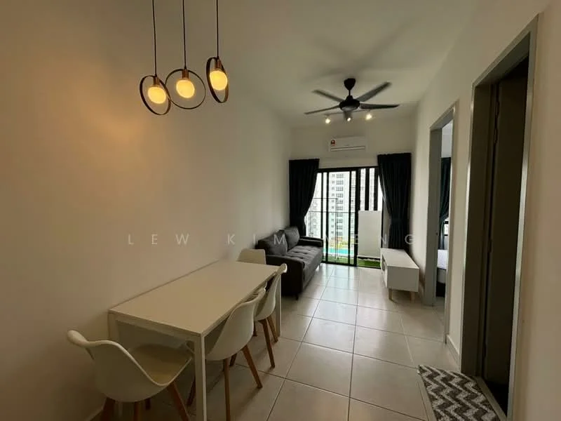 Living features: 3-blade ceiling fan with light, pendant light fixture, floor-to-ceiling windows, sliding glass door, blackout curtains, white walls, tile flooring, sofa, dining table with chairs, decorative rug; style: modern; view: city.