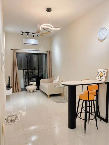 Living features: white painted walls, glossy white tile flooring, 5-blade ceiling fan with light, recessed LED downlights, sofa in light color, round coffee table, TV console, wall-mounted TV, bar table with two stools, curtains, wall clock, decorative wall art; style: modern.