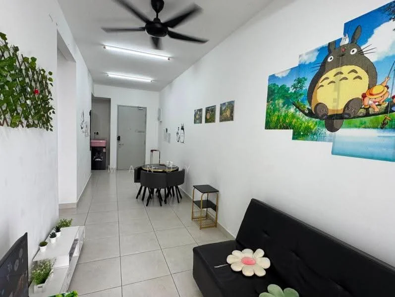 Living features: black fabric sofa, round dining table, 4 black dining chairs, white tiled flooring, white painted walls, ceiling fan, wall-mounted TV, decorative wall art, greenery wall decor, decorative flower on table; style: modern.