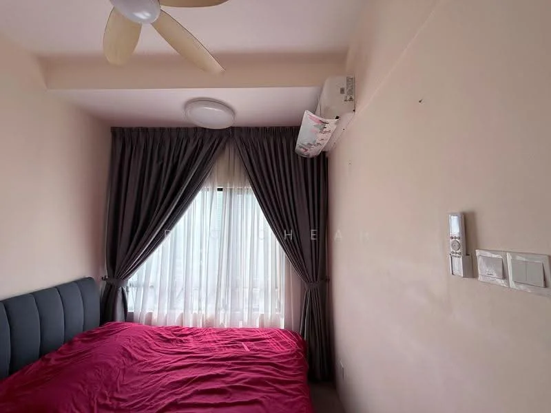Bedroom features: queen-size bed with red bedding, floor-to-ceiling window, sheer curtains, dark grey upholstered headboard, wall-mounted air conditioning unit, ceiling light fixture, light beige painted walls, carpeted flooring; style: modern; view: city.