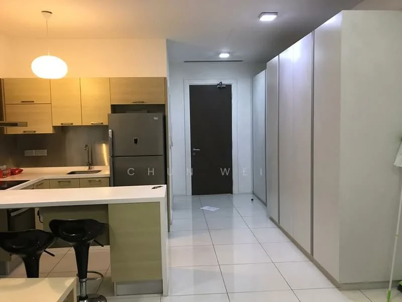 Kitchen features: light wood cabinetry, white countertop, stainless-steel fridge, built-in oven, 4-burner gas hob, single-bowl stainless-steel sink, chrome pull-down faucet, pendant light, tile flooring, open layout to dining area; style: modern. Hallway features: white painted walls, built-in storage cabinets, tile flooring, door to main entrance; style: modern.