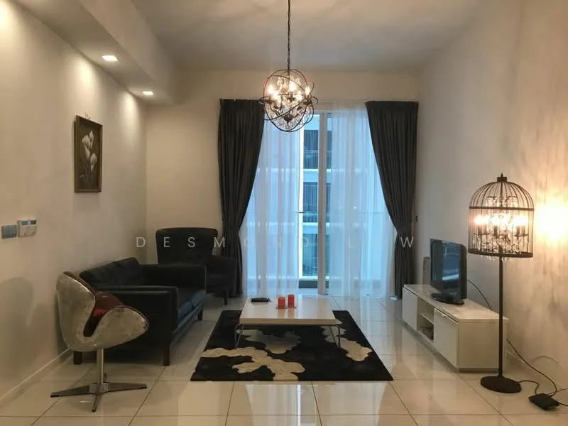 Living features: black leather sofa, white coffee table, area rug with abstract pattern, floor-to-ceiling windows, sheer curtains, chandelier with decorative bulbs, wall-mounted TV, TV console, decorative wall art, recessed lighting, light-colored walls, glossy tile flooring; style: modern.