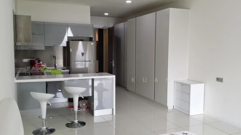 Kitchen features: grey cabinetry, white countertop, stainless-steel fridge, built-in oven, 4-burner gas hob, stainless-steel range hood, white bar stools, white tile flooring, recessed downlights, open shelving, sink, kitchen island; style: modern. Room features: white walls, large built-in wardrobe, white storage cabinet.