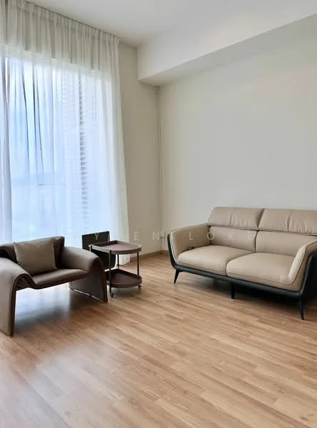 Living features: light wood flooring, large floor-to-ceiling windows, sheer white curtains, beige leather 3-seater sofa, brown accent chair, small side table, neutral wall color, minimalist decor; style: modern.